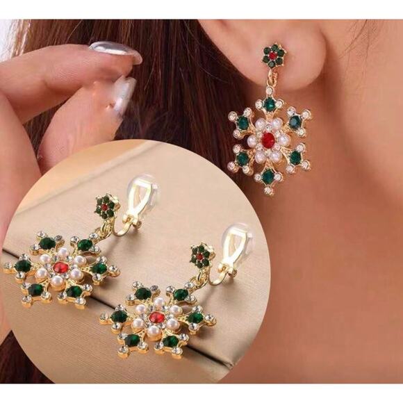 Clip on 1" gold, red, green stone and pearl dangle snowflake earrings - Picture 1 of 4